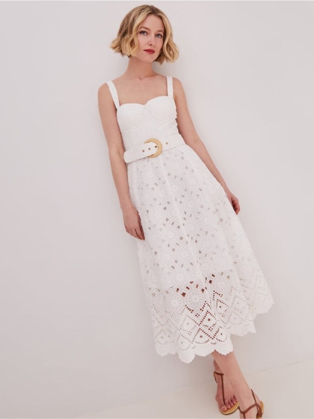 NEW Cara Cara Calypso Bustier Midi Dress Trellis Eyelet White Lace | US 4 UK 8